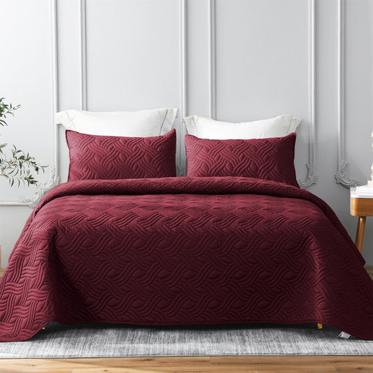 Whale Flotilla Quilt Set Twin Size, Soft Microfiber Lightweight Bedspread Coverlet Bed Cover (Wave Pattern) for All Seasons, Red, 2 Pieces (Includes 1 Quilt, 1 Shams)