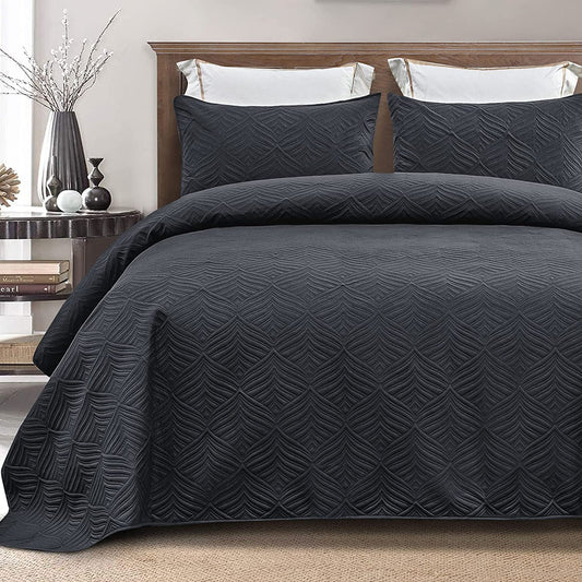 Whale Flotilla 3-Piece California King Size Quilt Set, Soft Ultrasonic Embossed Bedding Set, Lightweight Bedspread Coverlet with Vintage Pattern, Reversible Bed Cover for All Seasons, Dark Grey