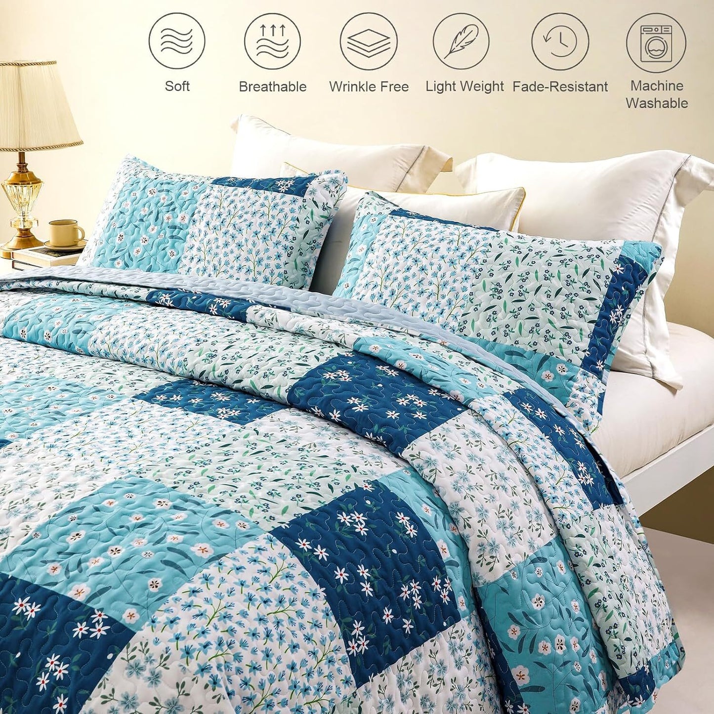 Whale Flotilla Reversible Quilts with Plaid Patchwork Pattern，Full/Queen Size Lightweight Bedspreads including 2 Pillow Shams