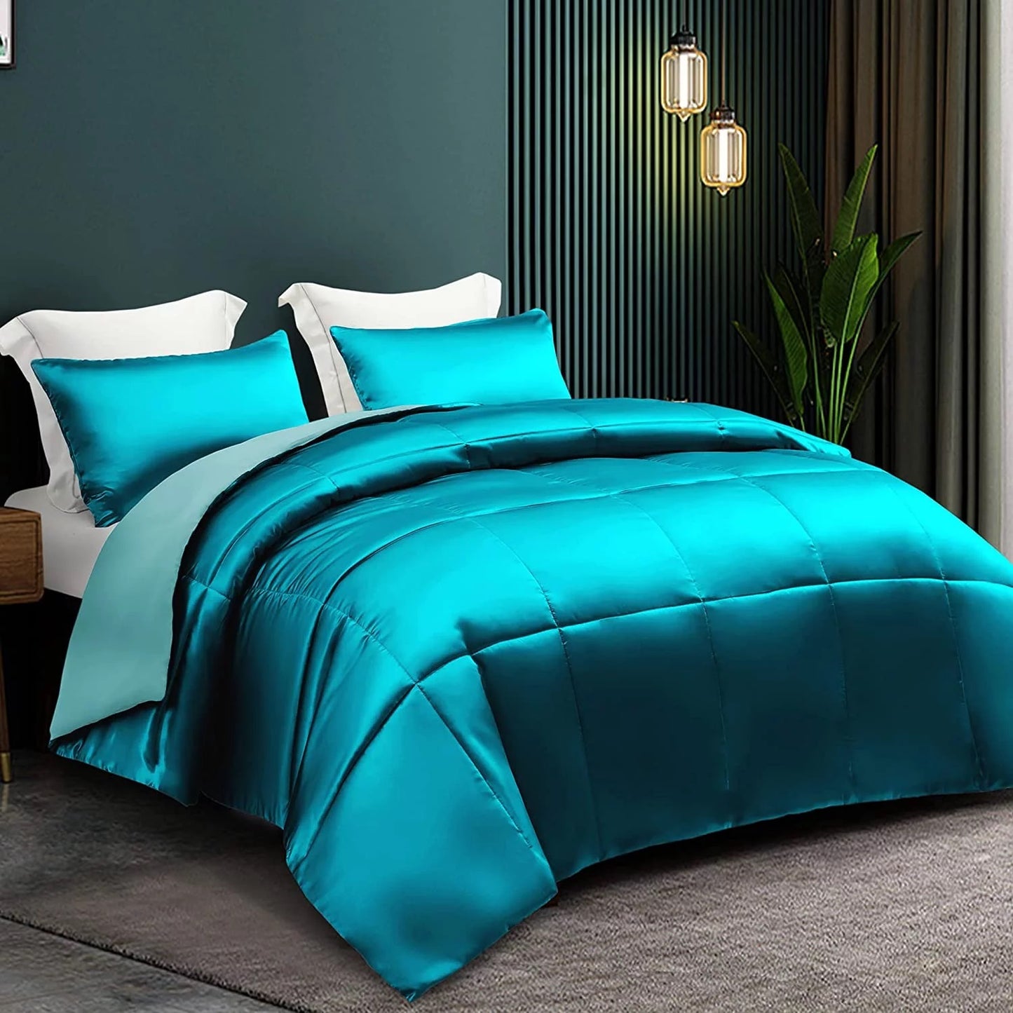 Whale Flotilla 2-Piece Reversible King Size Silk Comforter Set/Bedding Set, Soft Satin Comforter with 1 Satin Pillowcases, Lightweight Duvet Set for All Seasons, Turquoise