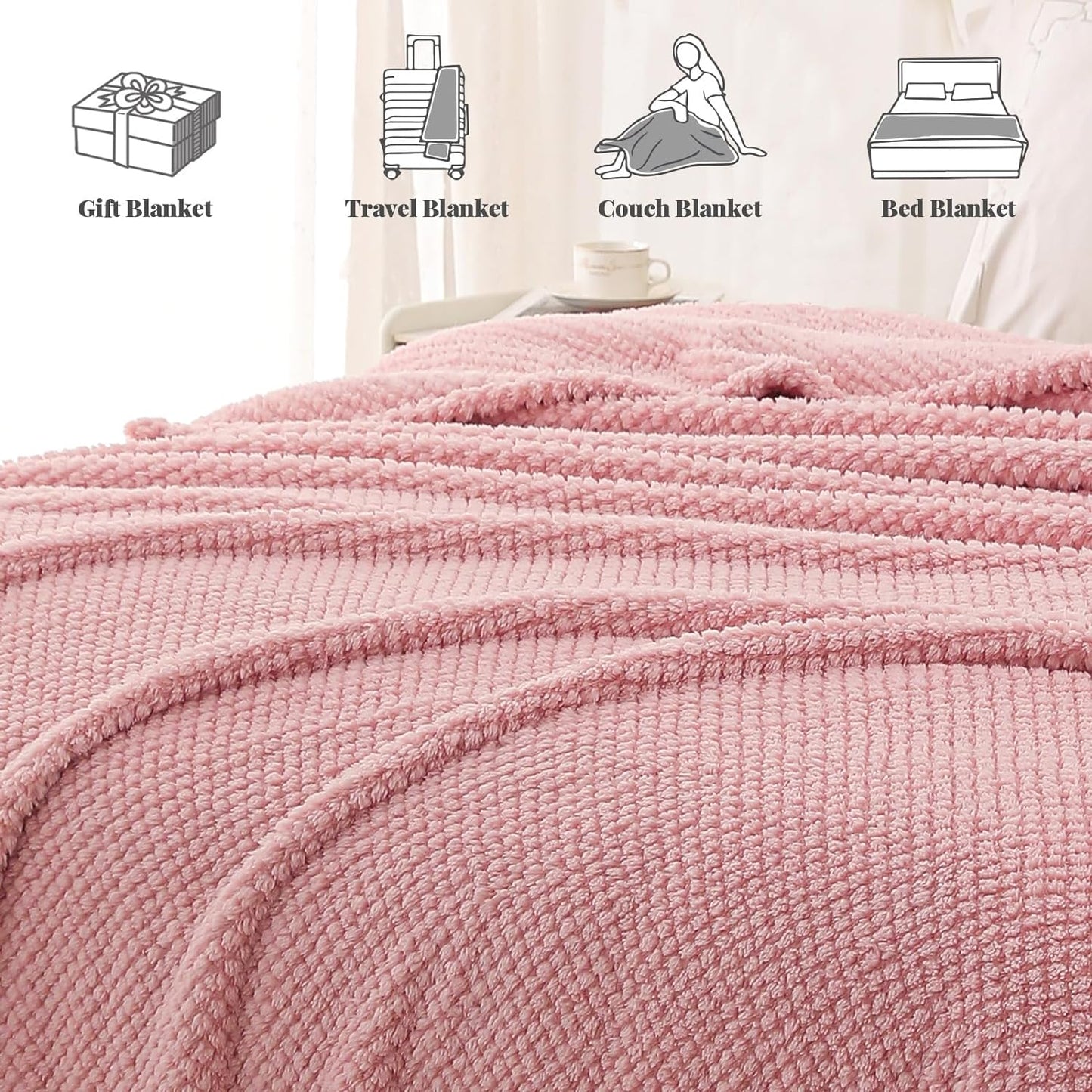 Whale Flotilla Queen Size Fuzzy Fleece Blanket, Fluffy Warm Soft Jacquard Bed Blankets for Fall Winter, Lightweight and Cozy, 90x90 Inch, Pink