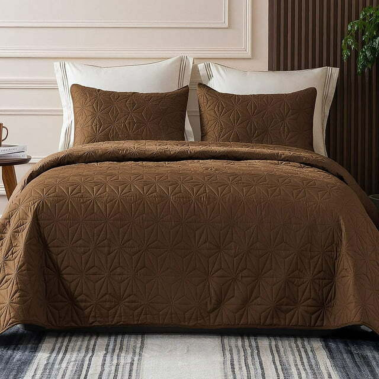 Whale Flotilla Microfiber Twin Size (68x88 inches) Quilt Set Lightweight Quilted Bedspreads Coverlets Set with Stars Pattern, Brown, 2 Piece (1 Quilt, 1 Sham)