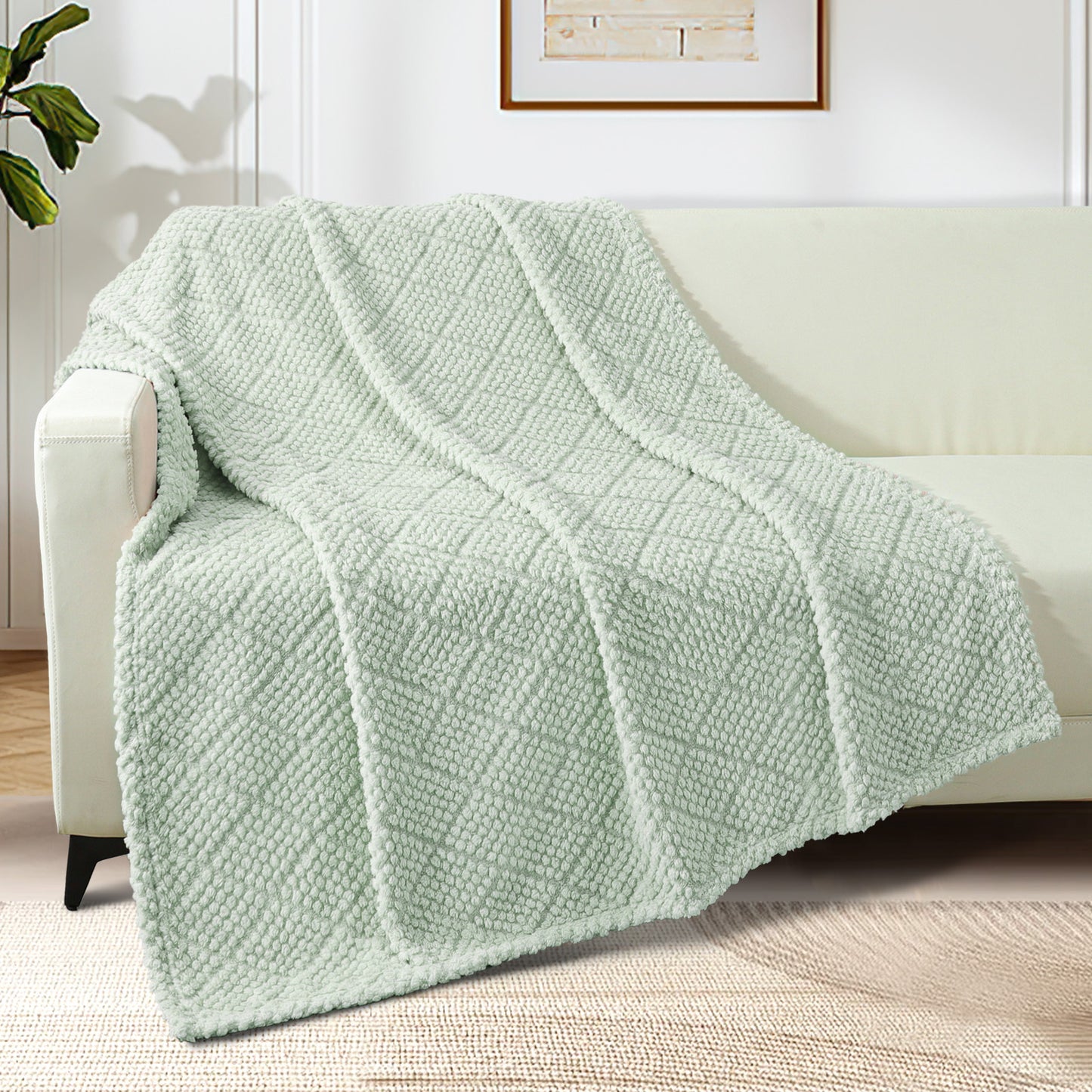 Whale Flotilla Fuzzy Fleece Throw Blanket for Couch, Bed, Soft Fluffy Jacquard Waffle Blankets for All Season, Lightweight and Warm, 50x60 Inch, Sage Green