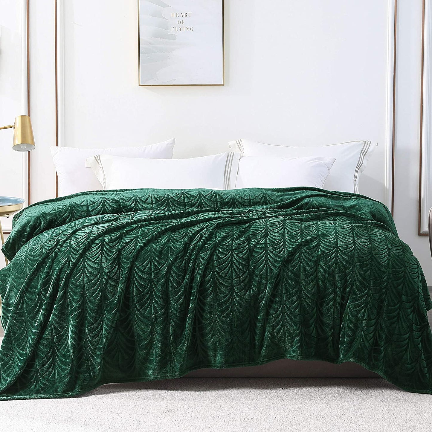 Whale Flotilla Flannel Fleece Twin Size(90x66 Inch) Lightweight Bed Blanket, Soft Velvet Bedspread Plush Fluffy Coverlet Palm Leaf Design Decorative Blanket for All Seasons, Dark Green¡­