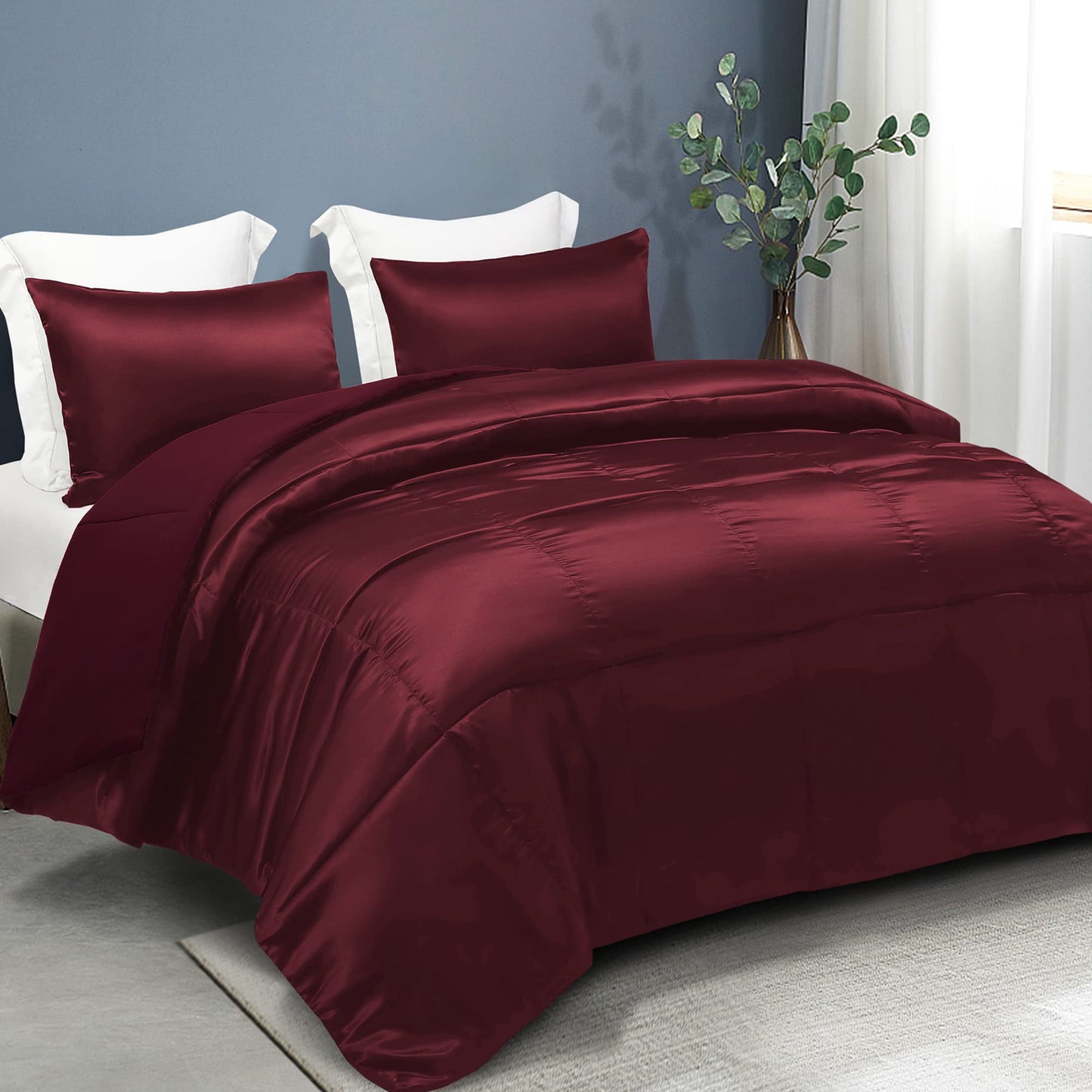 Whale Flotilla 2-Piece Reversible King Size Silk Comforter Set/Bedding Set, Soft Satin Comforter with 1 Satin Pillowcases, Lightweight Duvet Set for All Seasons, Red