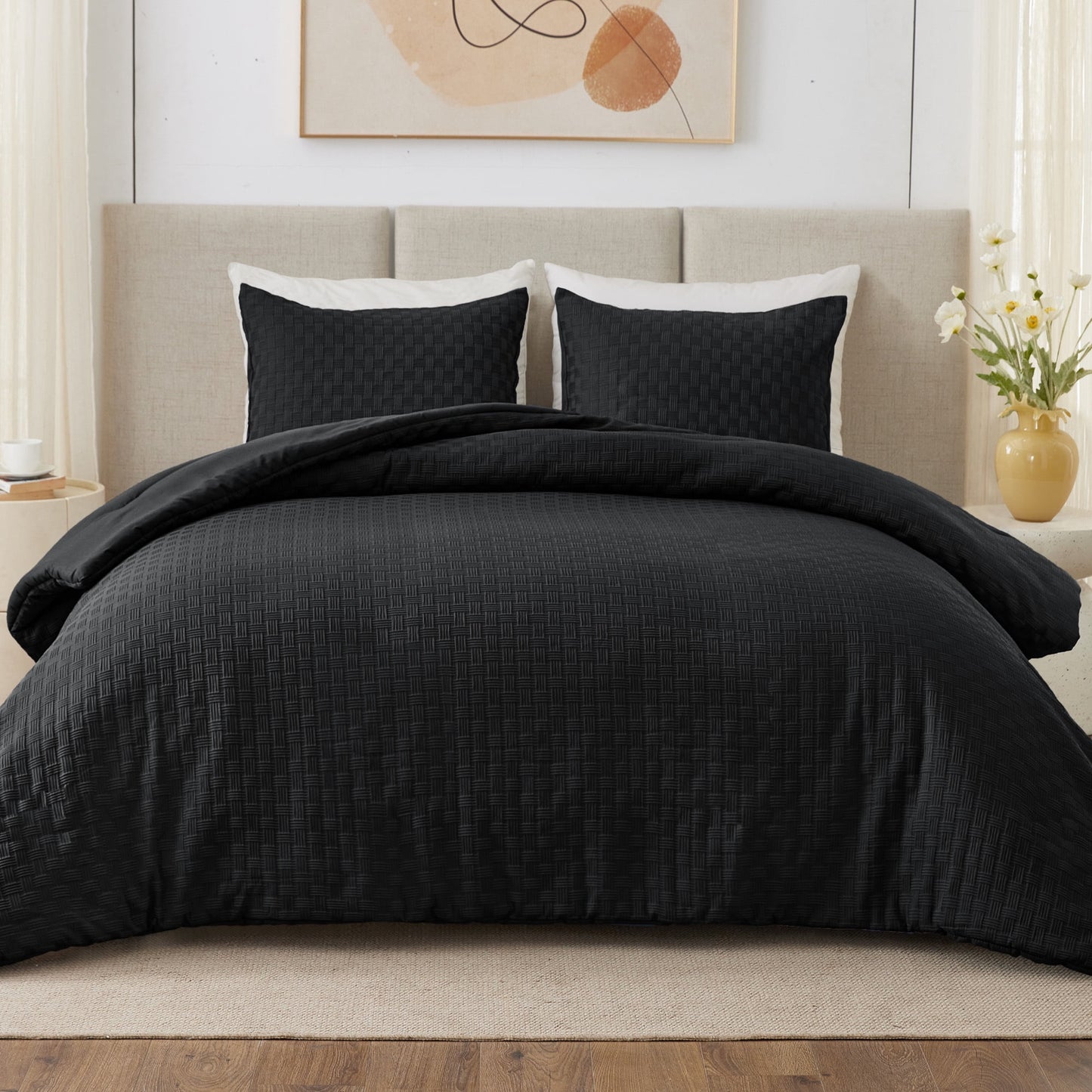 Whale Flotilla 2-Piece Jacquard Braid Ultra Soft Twin Comforter Set, Luxury Reversible Microfiber Comforters Twin Size Bedding Set with Pillowcase, Lightweight Duvet for All Seasons, Black