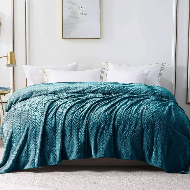 Whale Flotilla Flannel Fleece Queen Size(90x90 Inch) Lightweight Bed Blanket, Soft Velvet Bedspread Plush Fluffy Coverlet Palm Leaf Design Decorative Blanket for All Seasons, Grey Blue