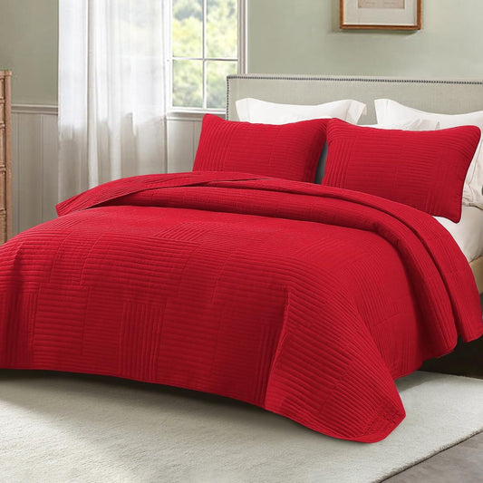 Whale Flotilla California King Quilt Set, Soft Oversized Quilts Bedspread Coverlet Striped Pattern, Lightweight Reversible Bedding Sets for All Seasons with Pillow Shams, 104x112 Inches, Red