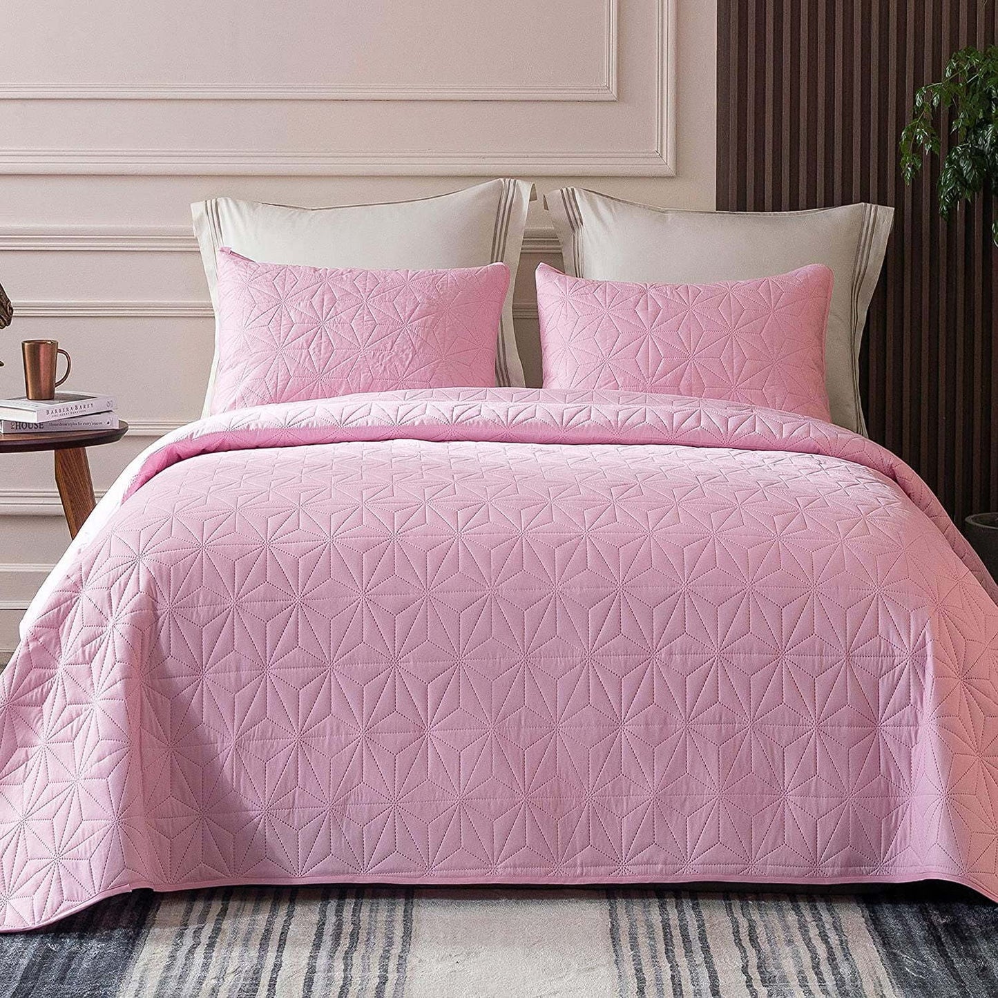 Whale Flotilla Microfiber Twin Size (68x88 inches) Quilt Set Lightweight Quilted Bedspreads Coverlets Set with Stars Pattern, Pink, 2 Piece (1 Quilt, 1 Sham)