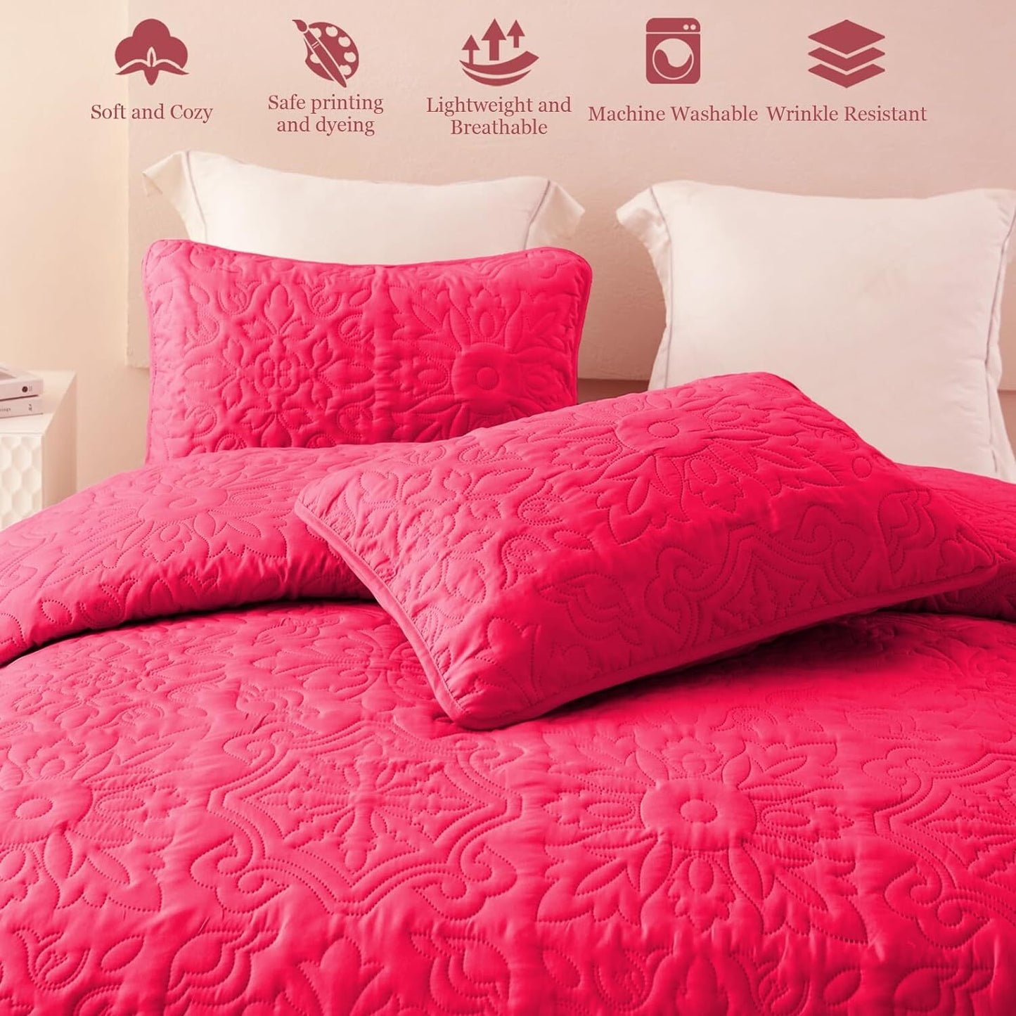 Whale Flotilla 3-Piece Queen Quilt Set, Soft Embossed Bedding Set, Lightweight Bedspread Coverlet with Damask Vintage Pattern, Reversible Bed Cover for All Seasons,Hot Pink