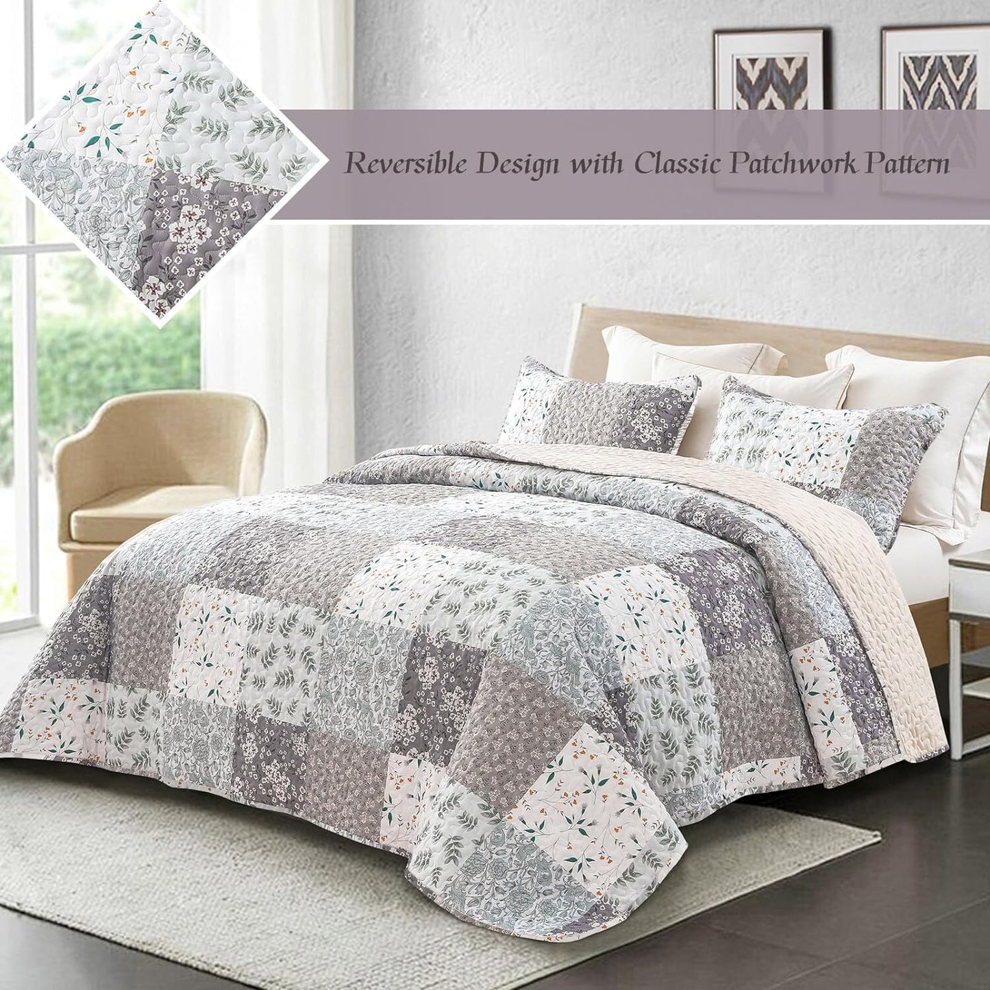 Whale Flotilla Reversible Patchwork Quilts King Size, Lightweight Boho Printed Bedspreads Coverlets Quilt Bedding Set with 2 Pillow Shams for All Seasons, Light Grey