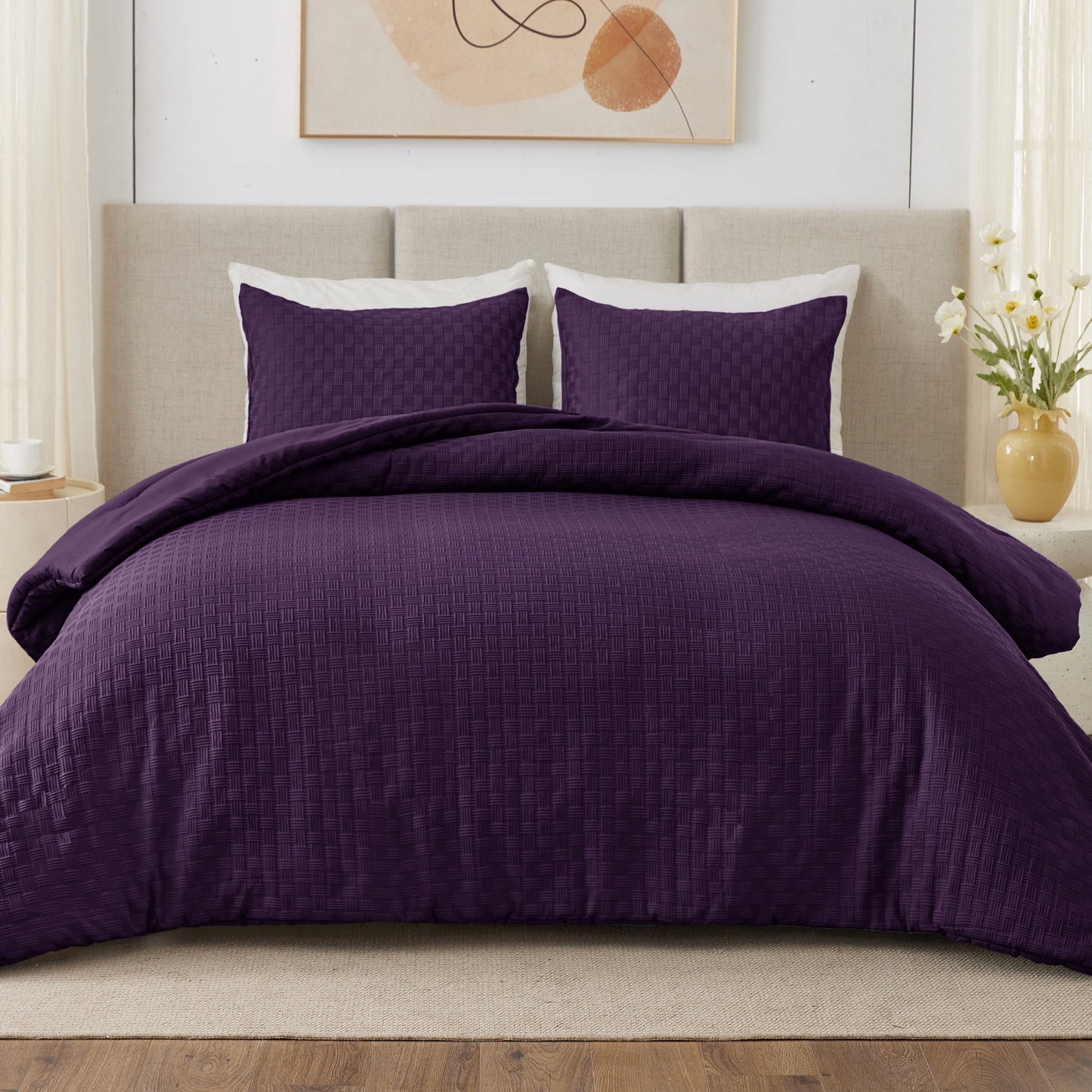 Whale Flotilla 3-Piece Jacquard Braid Ultra Soft Queen Comforter Set, Luxury Reversible Microfiber Comforters Full Size Bedding Set with 2 Pillowcases, Lightweight Duvet for All Seasons, Purple