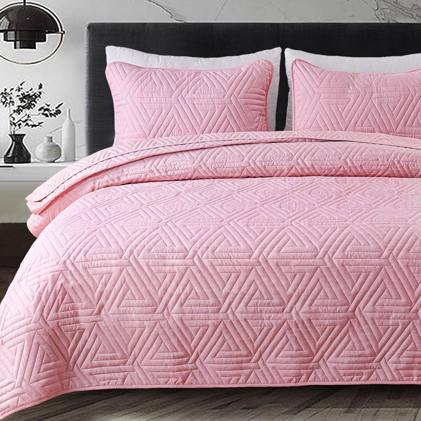 Whale Flotilla 2-Piece Twin Size Quilt Set/Bedspreads/Coverlets for All Season, Classic Geometric Pattern Bedding Set with Pillow Sham, Soft and Lightweight, Pink