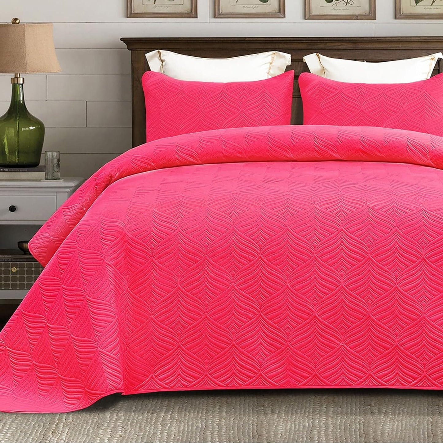 Whale Flotilla Microfiber Queen Size (96x90 inches) Quilt Set Lightweight Ultrasonic Quilted Bedspreads Coverlets Set with Classic Pattern, Hot Pink, 3 Piece (1 Quilt, 2 Pillow Shams)