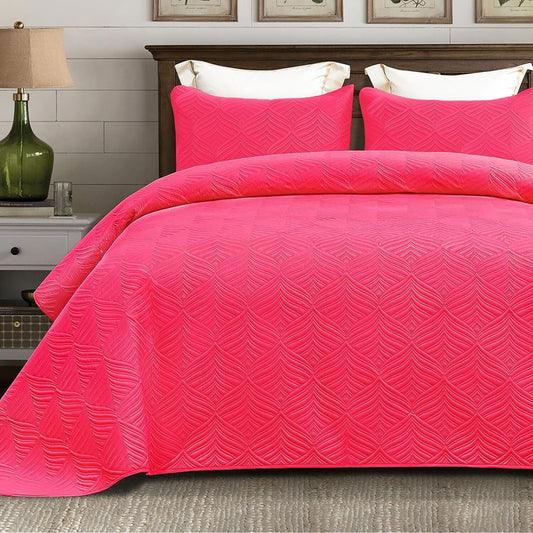 Whale Flotilla Microfiber Queen Size (96x90 inches) Quilt Set Lightweight Ultrasonic Quilted Bedspreads Coverlets Set with Classic Pattern, Hot Pink, 3 Piece (1 Quilt, 2 Pillow Shams)