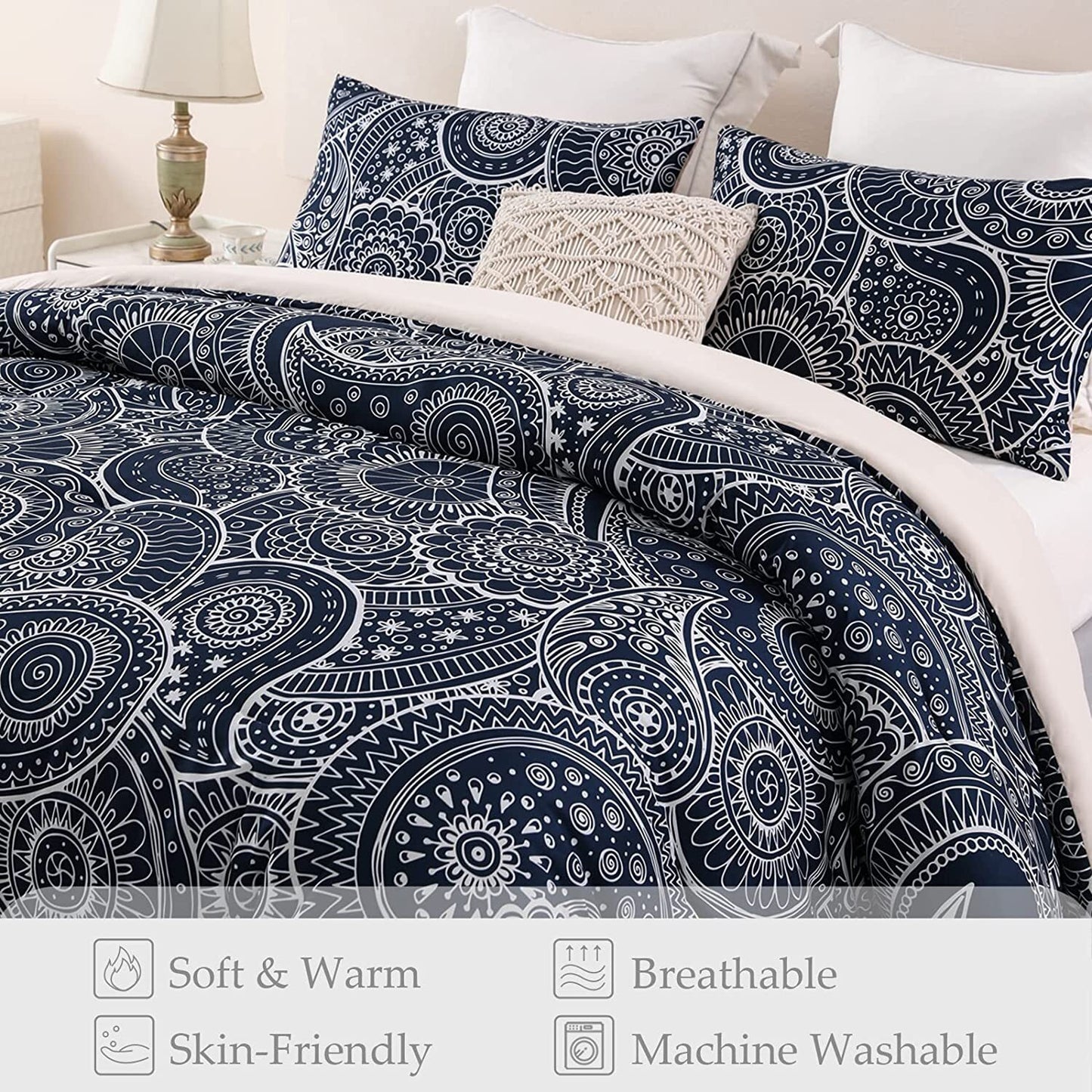 Whale Flotilla 3-Piece King Comforter Set, Soft Reversible Bedding Comforter Sets, Paisley Printed Down Alternative Comforter Duvet for All Seasons, Navy