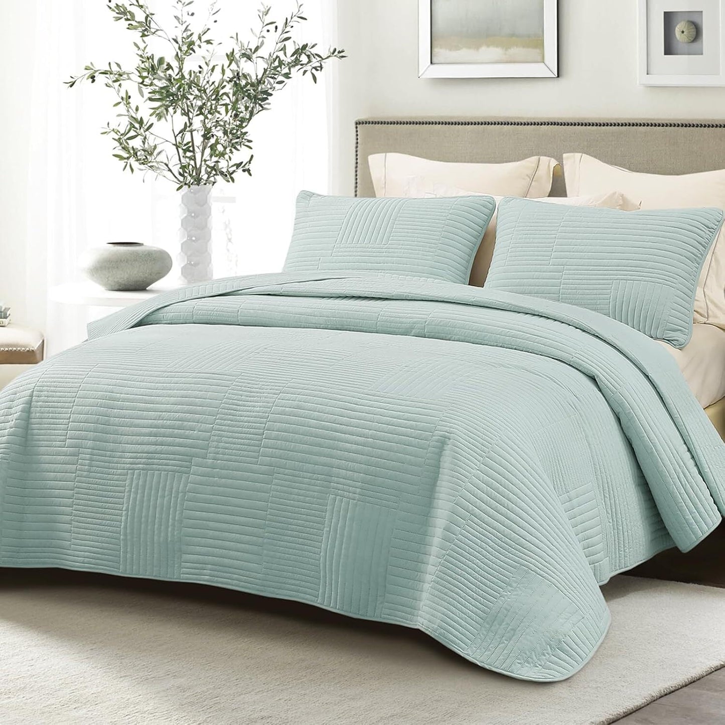 Whale Flotilla California King Quilt Set, Soft Oversized Quilts Bedspread Coverlet Striped Pattern, Lightweight Reversible Bedding Sets for All Seasons with Pillow Shams, 104x112 Inches, Aqua