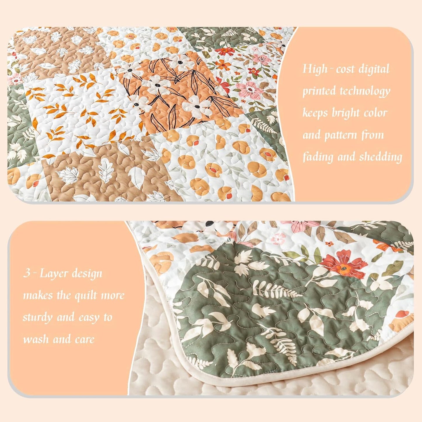 Whale Flotilla Reversible Patchwork Quilts King Size, Lightweight Boho Printed Bedspreads Coverlets Quilt Bedding Set with 2 Pillow Shams for All Seasons, Orange