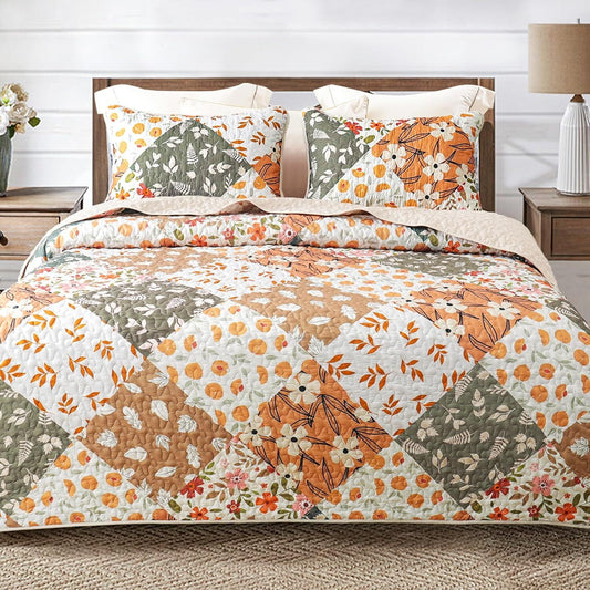 Whale Flotilla Reversible Patchwork Quilts King Size, Lightweight Boho Printed Bedspreads Coverlets Quilt Bedding Set with 2 Pillow Shams for All Seasons, Orange