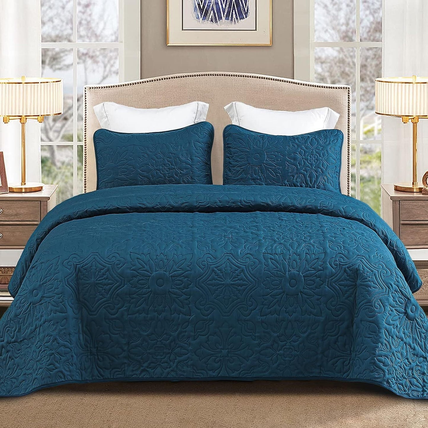 Whale Flotilla 3-Piece King Quilt Set, Soft Embossed Bedding Set, Lightweight Bedspread Coverlet with Damask Vintage Pattern, Reversible Bed Cover for All Seasons, Blue