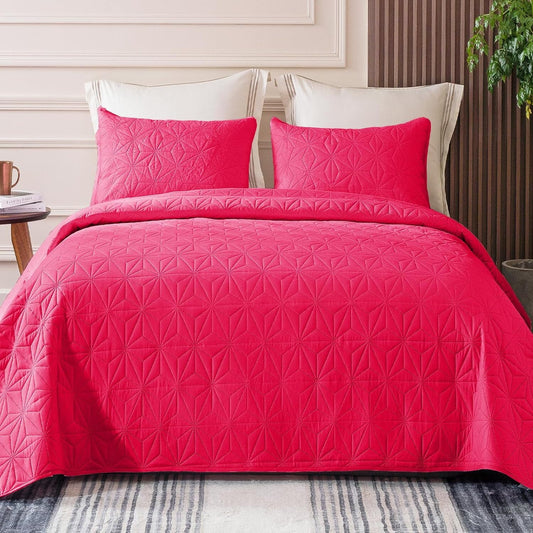 Whale Flotilla Microfiber Twin Size (68x88 inches) Quilt Set Lightweight Quilted Bedspreads Coverlets Set with Stars Pattern, Hot Pink，2 Piece (1 Quilt, 1 Sham)