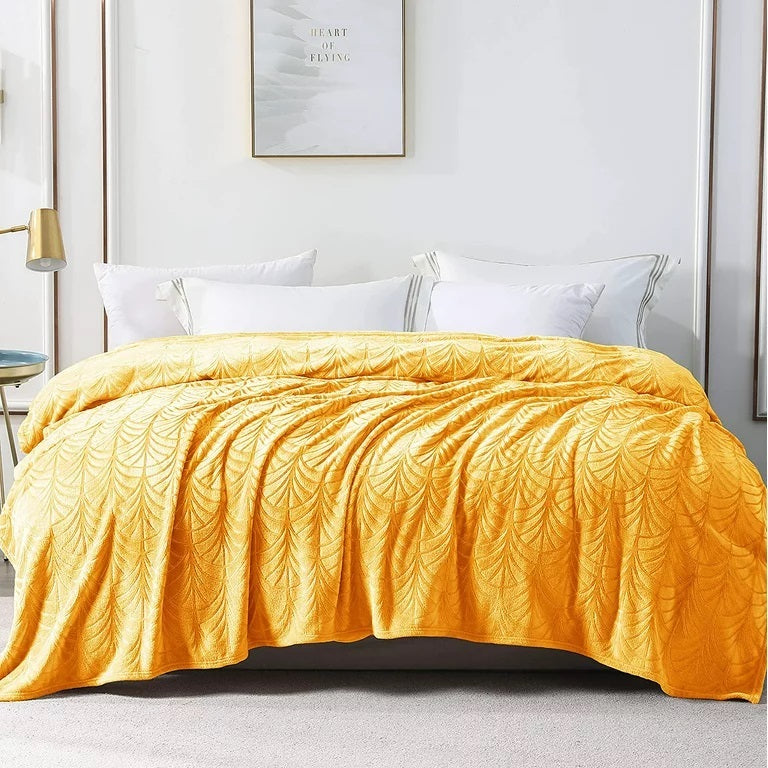 Whale Flotilla Flannel Fleece Twin Size(90x66 Inch) Lightweight Bed Blanket, Soft Velvet Bedspread Plush Fluffy Coverlet Palm Leaf Design Decorative Blanket for All Seasons, Lemon Yellow