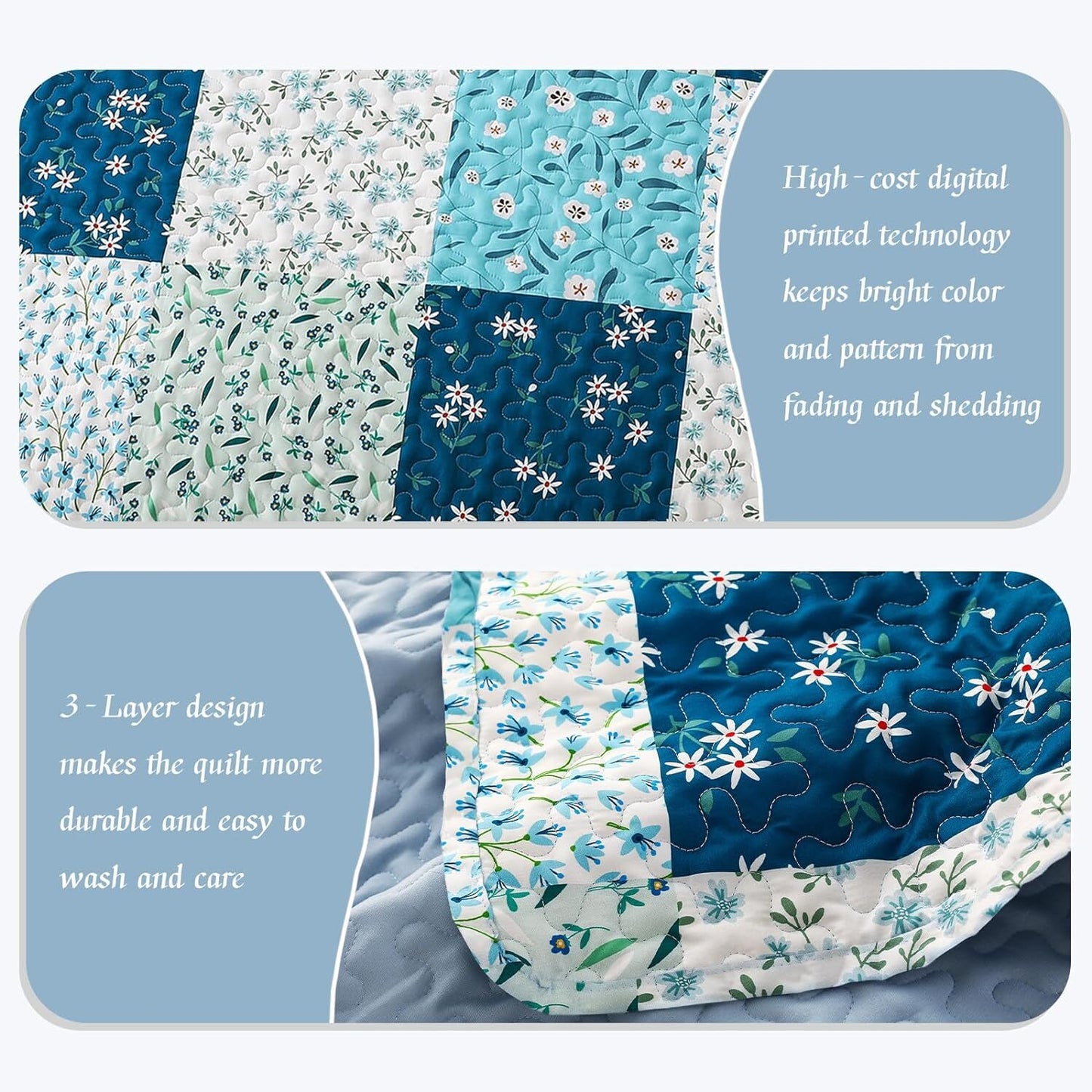 Whale Flotilla Reversible Quilts with Plaid Patchwork Pattern，Full/Queen Size Lightweight Bedspreads including 2 Pillow Shams