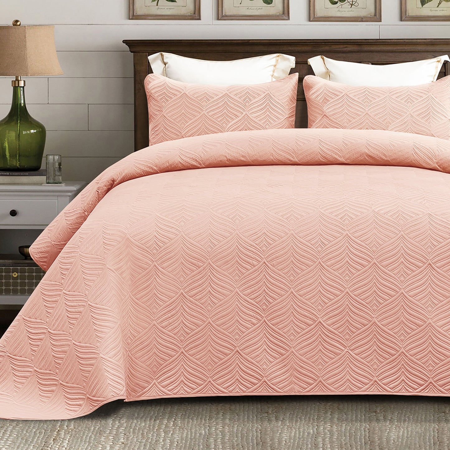 Whale Flotilla 3-Piece King Size Quilt Set, Soft Ultrasonic Embossed Bedding Set, Lightweight Bedspread Coverlet with Vintage Pattern, Reversible Bed Cover for All Seasons, Vintage Blush Pink