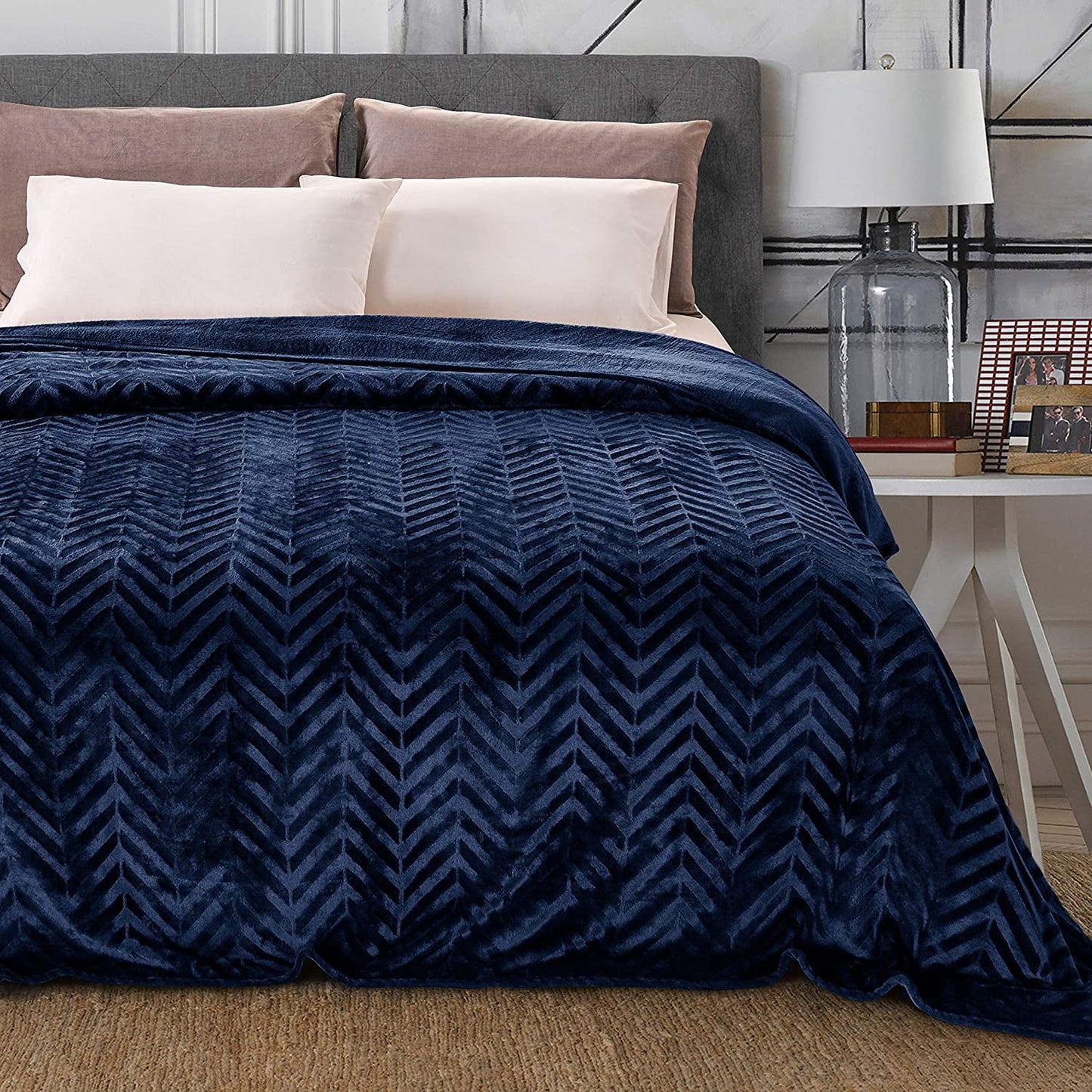 Whale Flotilla Flannel Fleece Twin Size(90x66 Inch) Lightweight Bed Blanket, Soft Velvet Bedspread Plush Fluffy Coverlet Chevron Design Decorative Blanket for All Seasons, Navy Blue