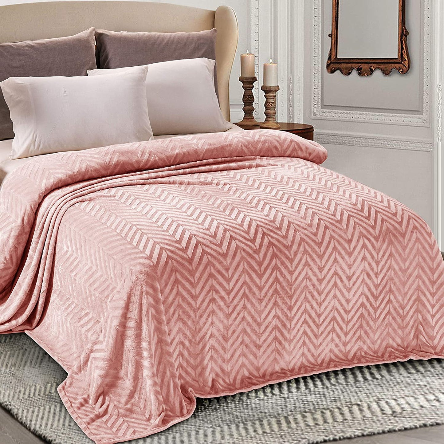 Whale Flotilla Flannel Fleece Twin Size(90x66 Inch) Lightweight Bed Blanket, Soft Velvet Bedspread Plush Fluffy Coverlet Chevron Design Decorative Blanket for All Seasons, Pink