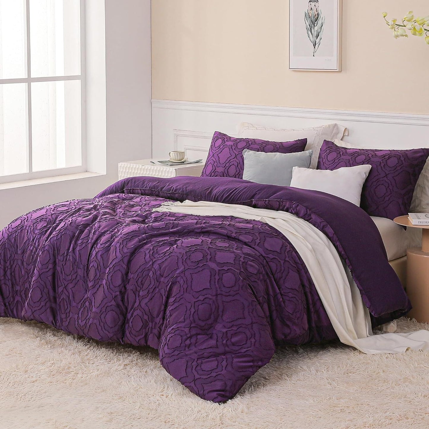 Whale Flotilla 2-Piece Tufted Twin Comforter Set, Soft Fluffy Shabby Chic Comforter for All Seasons, Farmhouse Boho Duvet Bedding Sets with 1 Pillow Sham, 68"x90", Purple