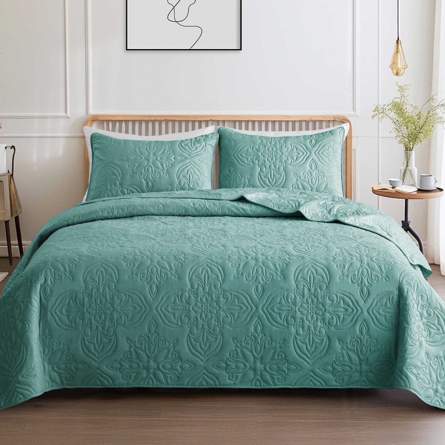 Whale Flotilla Soft Twin Quilt Bedding Set for All Seasons, Elegant Vintage Damask Ultrasonic Quilts Set, Lightweight Reversible Bedspread, Coverlet, Bed Cover with 1 Pillow Sham, Turquoise Green