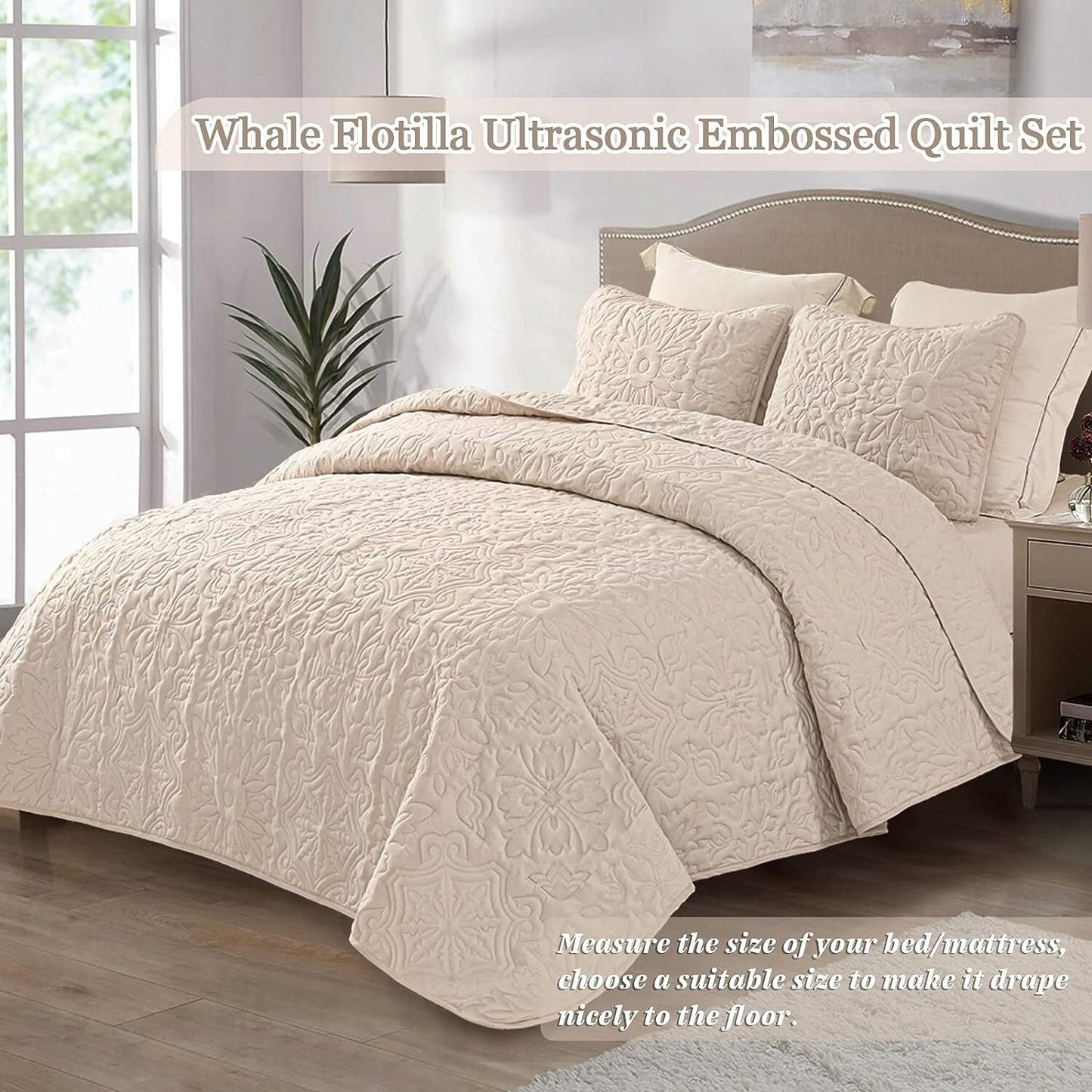 Whale Flotilla 3-Piece California King Size Quilt Set, Soft Ultrasonic Embossed Bedding Set, Lightweight Bedspread Coverlet with Boho Vintage Pattern, Reversible Bed Cover for All Seasons, Brich Beige