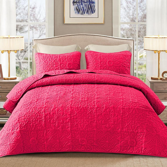 Whale Flotilla 3-Piece King Quilt Set, Soft Embossed Bedding Set, Lightweight Bedspread Coverlet with Damask Vintage Pattern, Reversible Bed Cover for All Seasons, Hot Pink