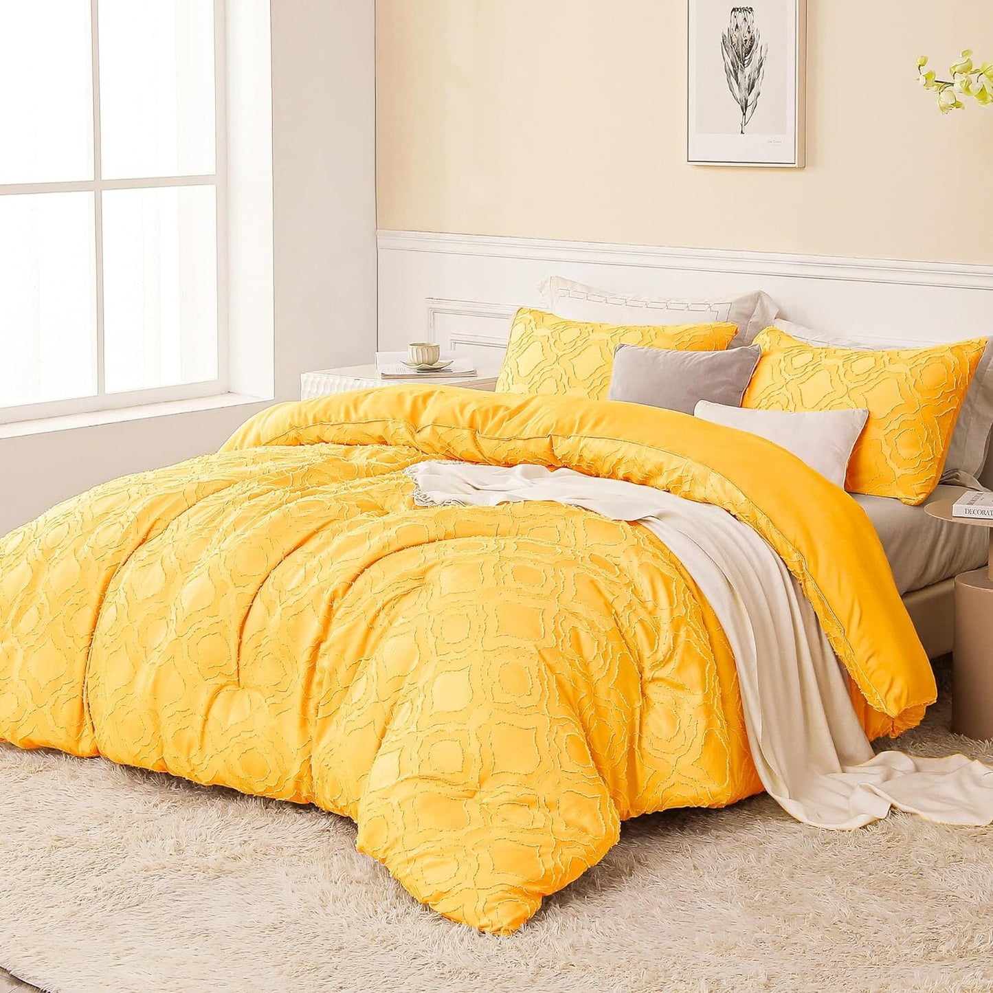 Whale Flotilla 3-Piece Tufted Queen Comforter Set, Soft Fluffy Shabby Chic Comforter for All Seasons, Farmhouse Boho Duvet Bedding Sets with 2 Pillow Shams, 90"x90", Yellow