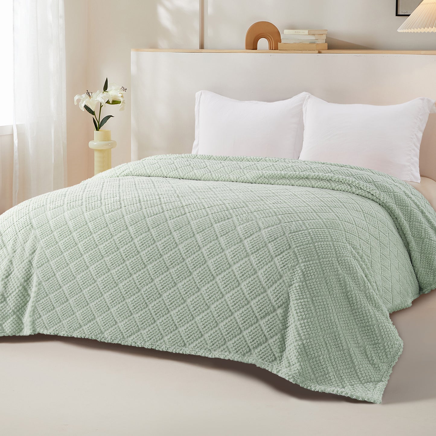 Whale Flotilla Fuzzy Fleece Queen Size Blanket for Bed, Soft Fluffy Jacquard Waffle Blankets for All Season, Lightweight and Warm, 90x90 Inch, Sage Green