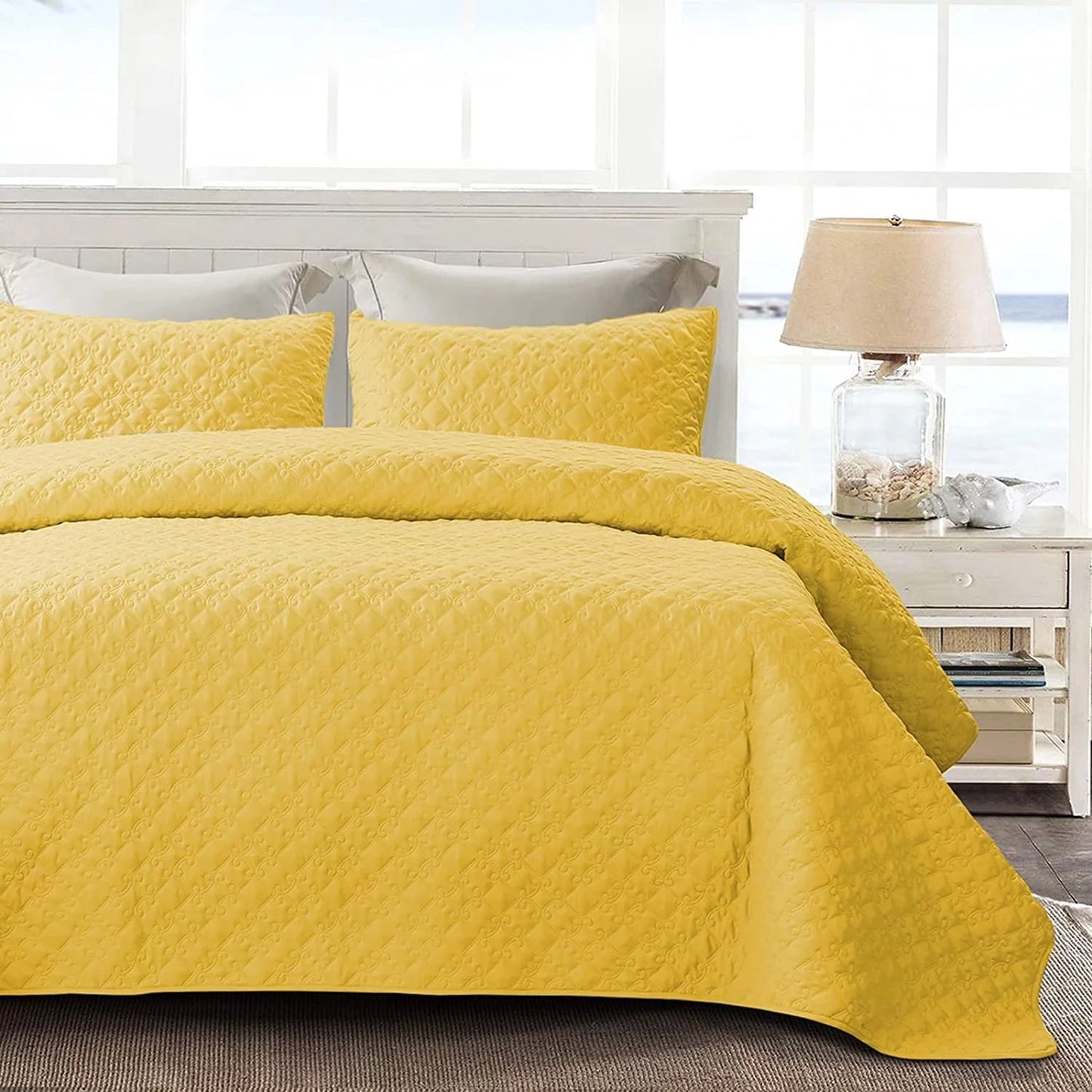 Whale Flotilla Quilt Set King Size, Soft Microfiber Lightweight Bedspread Coverlet Bed Cover (Diamond Pattern) for All Seasons, Yellow, 3 Pieces (Includes 1 Quilt, 2 Shams)