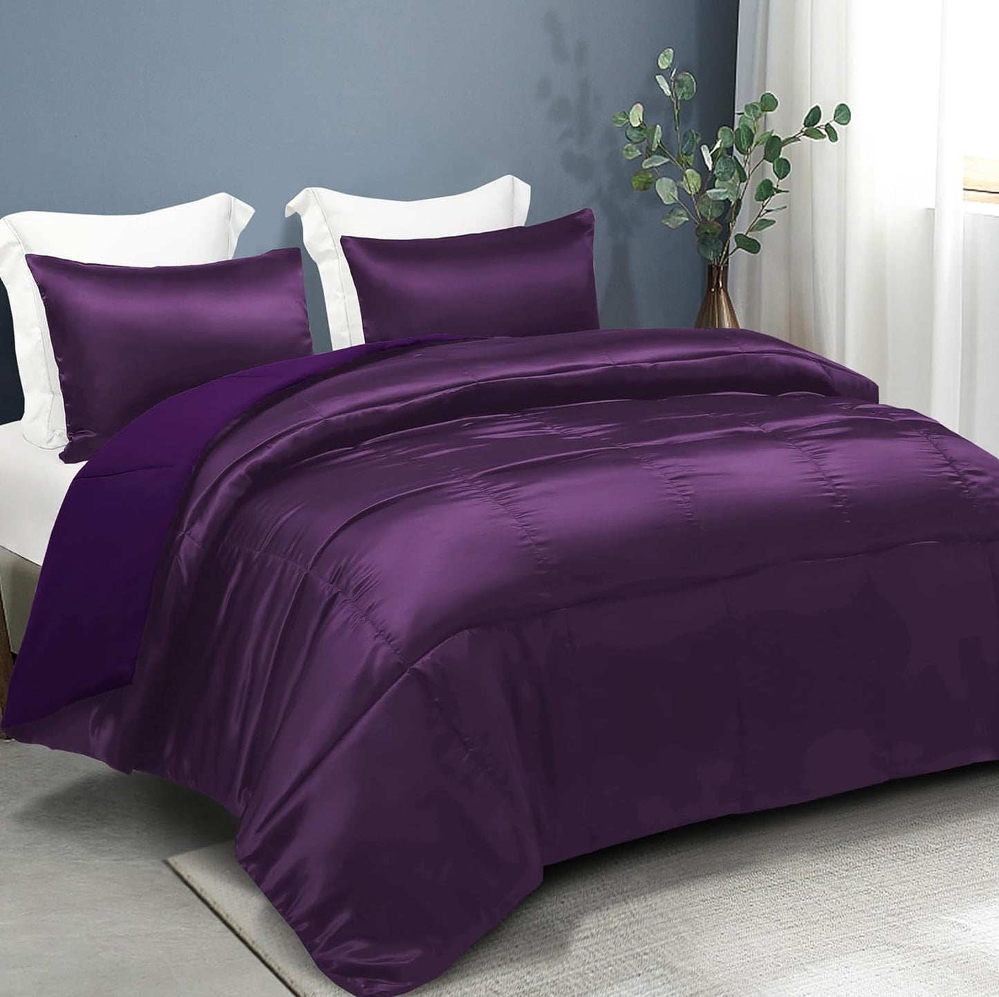 Whale Flotilla 3-Piece Reversible King Size Silk Comforter Set/Bedding Set, Soft Satin Comforter with 2 Satin Pillowcases, Lightweight Duvet Set for All Seasons, Deep Purple