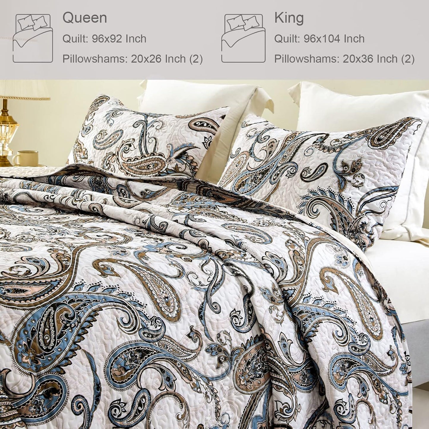 Whale Flotilla Reversible Paisley Quilts King Size, Lightweight Boho Printed Bedspreads Coverlets Quilt Bedding Set with 2 Pillow Shams for All Seasons, Bone/Grey