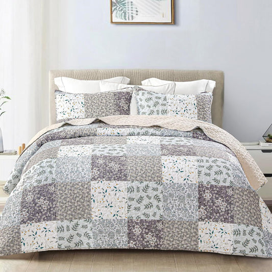 Whale Flotilla Reversible Patchwork Quilts King Size, Lightweight Boho Printed Bedspreads Coverlets Quilt Bedding Set with 2 Pillow Shams for All Seasons, Light Grey