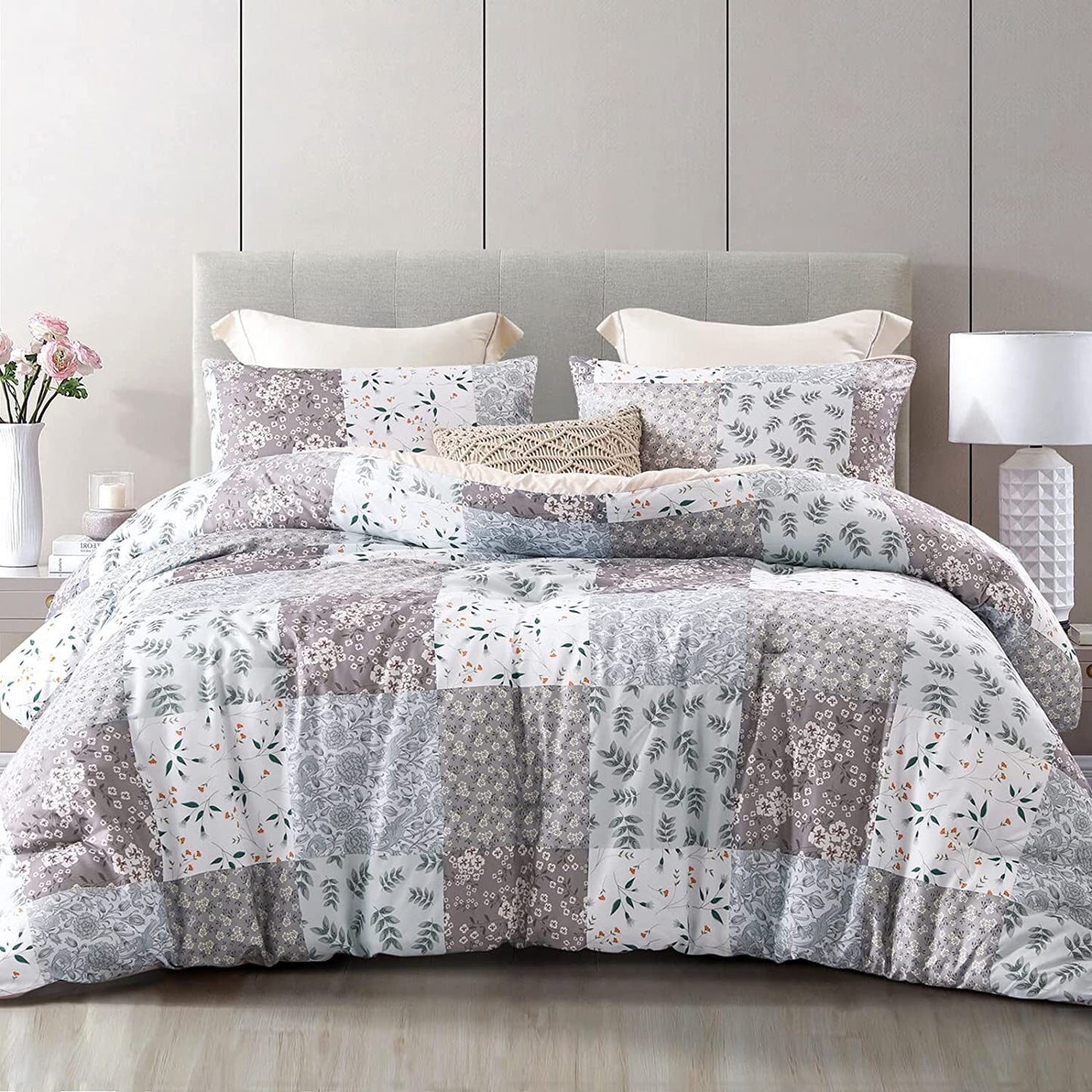 Whale Flotilla 3-Piece King Comforter Set, Soft Reversible Bedding Comforter Sets, Patchwork Printed Down Alternative Comforter Duvet for All Seasons, Grey