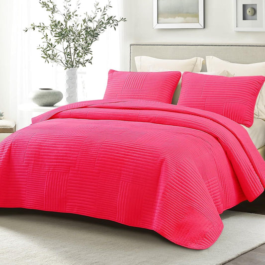 Whale Flotilla California King Quilt Set, Soft Oversized Quilts Bedspread Coverlet Striped Pattern, Lightweight Reversible Bedding Sets for All Seasons with Pillow Shams, 104x112 Inches, Hot Pink