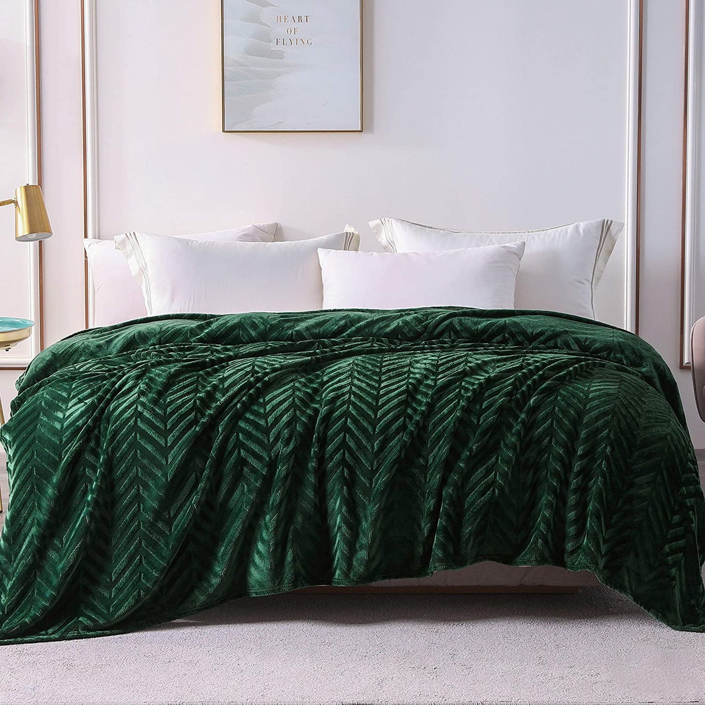 Whale Flotilla Flannel Fleece Twin Size(90x66 Inch) Lightweight Bed Blanket, Soft Velvet Bedspread Plush Fluffy Coverlet Chevron Design Decorative Blanket for All Seasons, Dark Green