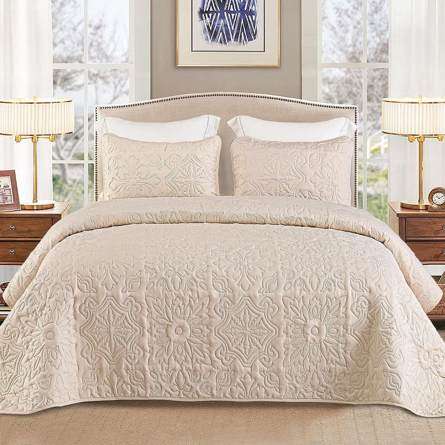 Whale Flotilla 2-Piece Twin Quilt Set, Soft Embossed Bedding Set, Lightweight Bedspread Coverlet with Damask Vintage Pattern, Reversible Bed Cover for All Seasons, Brich Beige