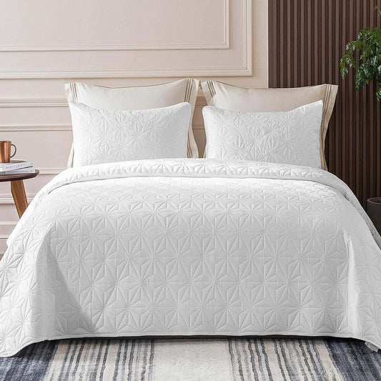 Whale Flotilla Mirofiber Queen Size (96x90 inches) Quilt Set Lightweight Quilted Bedspreads Coverlets Set with Stars Pattern, White, 3 Piece (1 Quilt, 2 Shams)