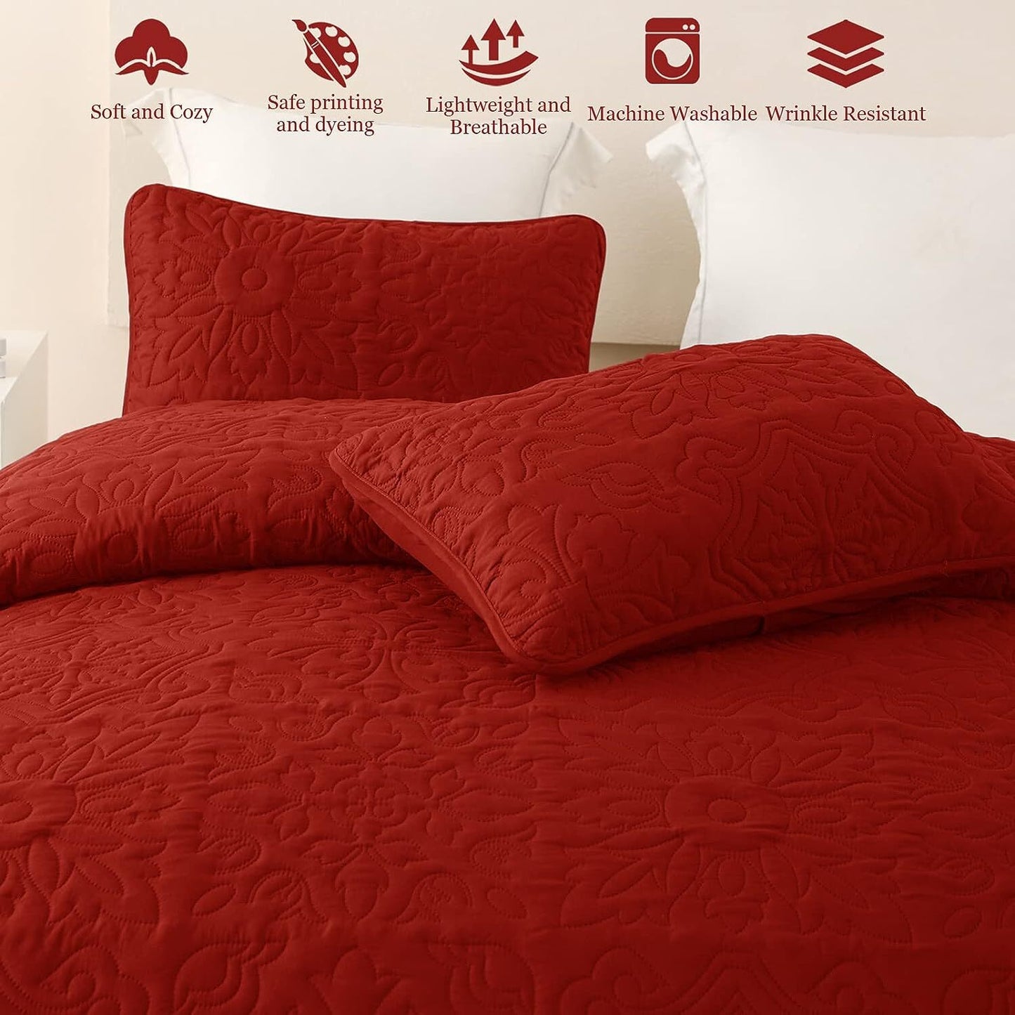 Whale Flotilla 3-Piece California King Size Quilt Set, Soft Ultrasonic Embossed Bedding Set, Lightweight Bedspread Coverlet with Boho Vintage Pattern, Reversible Bed Cover for All Seasons, Red