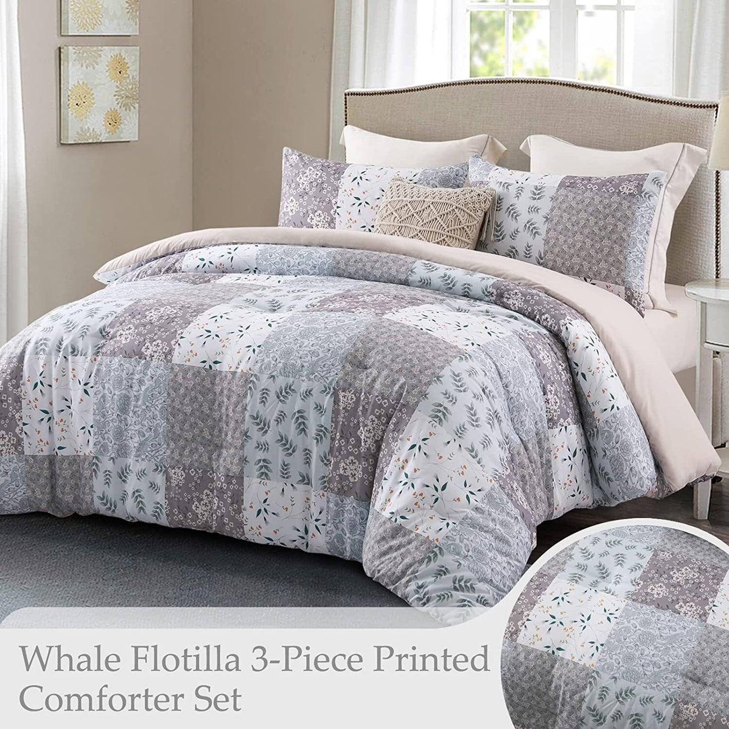 Whale Flotilla 3-Piece King Comforter Set, Soft Reversible Bedding Comforter Sets, Patchwork Printed Down Alternative Comforter Duvet for All Seasons, Grey