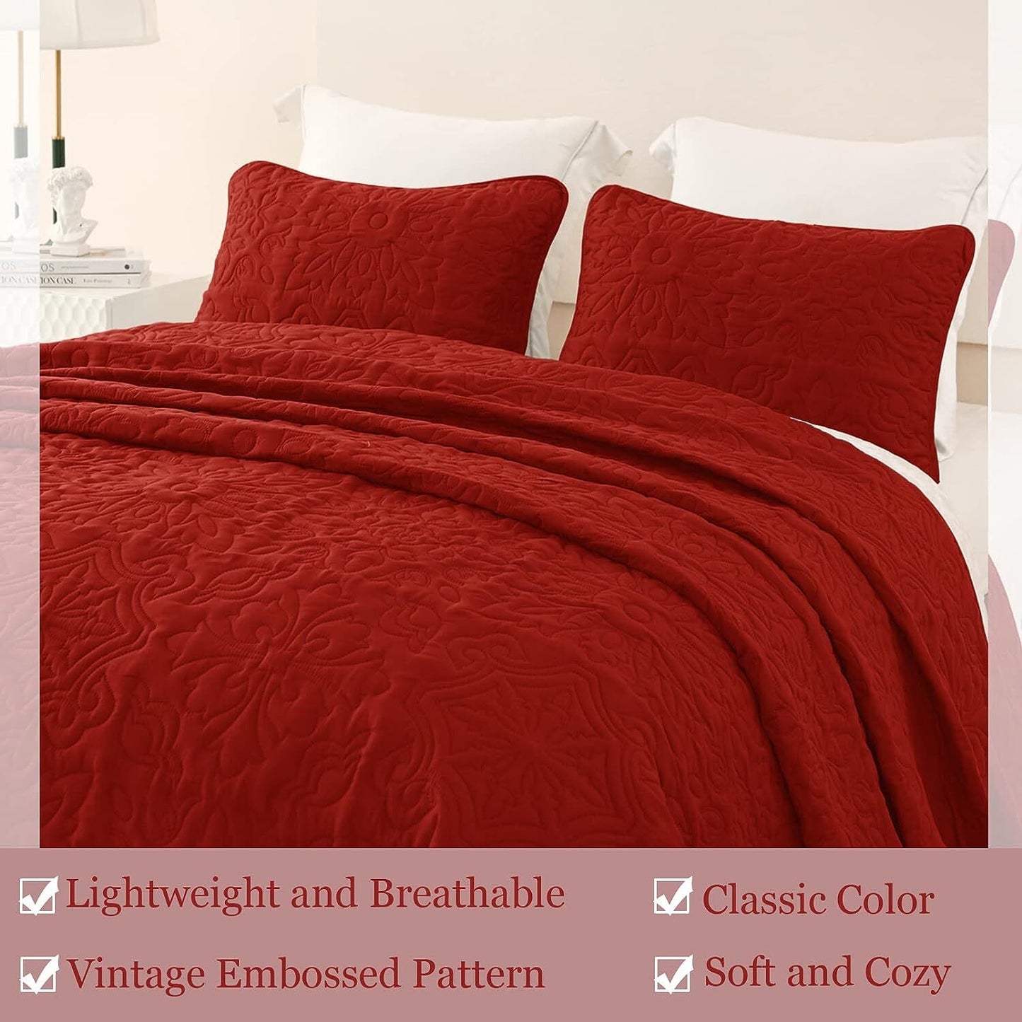 Whale Flotilla 3-Piece California King Size Quilt Set, Soft Ultrasonic Embossed Bedding Set, Lightweight Bedspread Coverlet with Boho Vintage Pattern, Reversible Bed Cover for All Seasons, Red