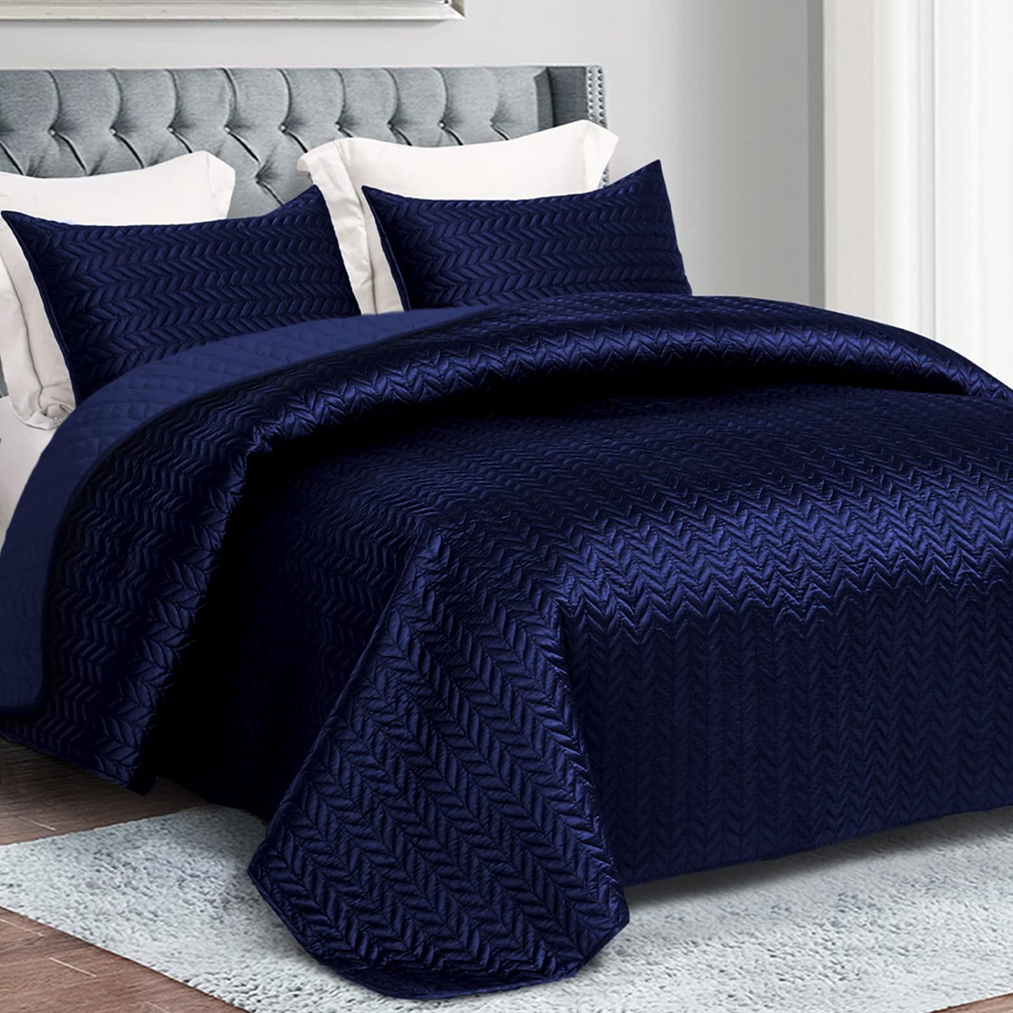 Whale Flotilla 3-Piece Luxury Satin Quilt Set Queen Size, Reversible Lightweight Coverlet Bedspreads Bedding Set with Pillow Shams,94x88 Inches, Navy