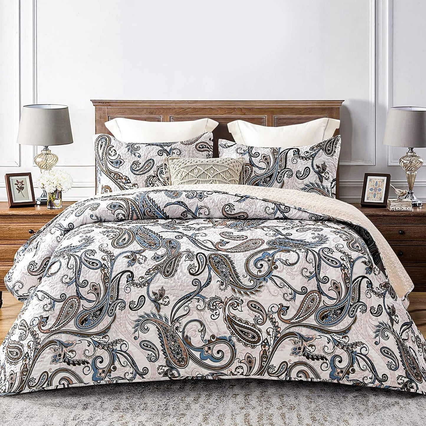 Whale Flotilla Reversible Paisley Quilts King Size, Lightweight Boho Printed Bedspreads Coverlets Quilt Bedding Set with 2 Pillow Shams for All Seasons, Bone/Grey